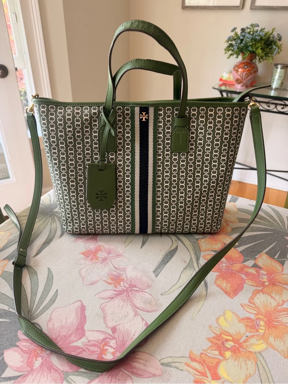Tory Burch Green Tote Bag with Chain-Patterned Canvas and Stripe Detail.